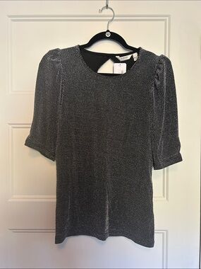 Warehouse Black & White Micro-Print Puff Sleeve Blouse